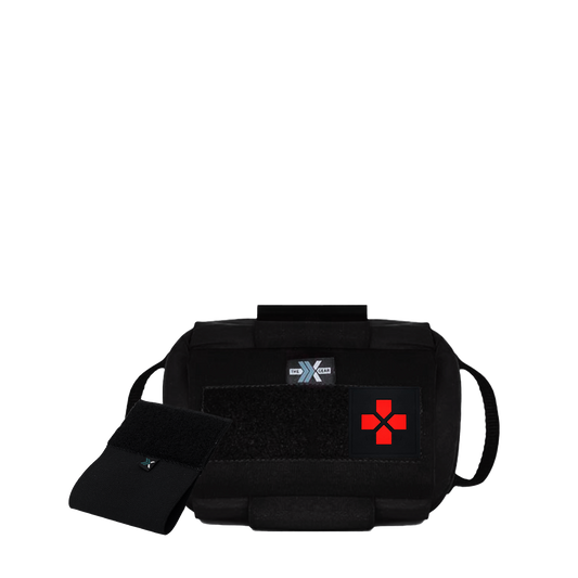 MEDIC POUCH AUXILIUM HORIZONTAL + PORTA-TORNIQUETE ELASTIC X1 + PATCH DE IDENTIFICAÇÃO FIRST AID VERMELHO