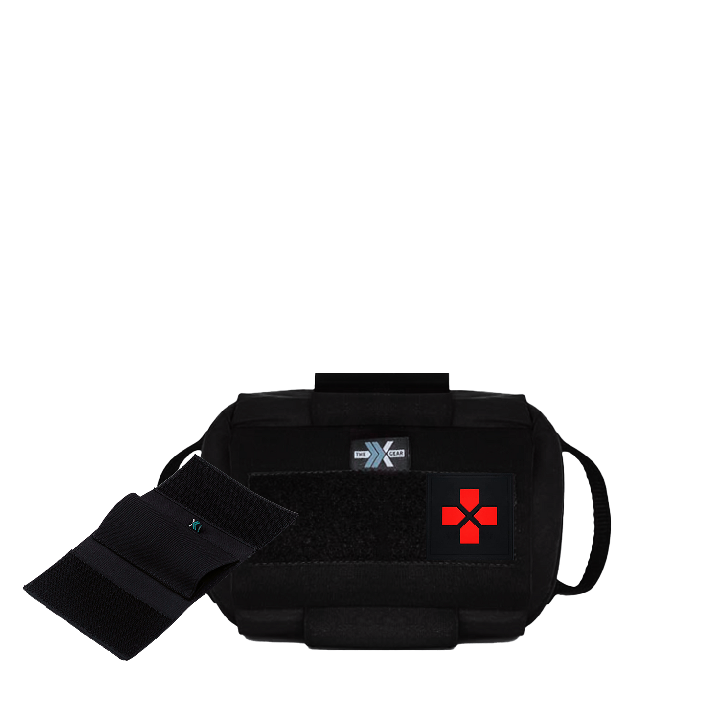 MEDIC POUCH AUXILIUM HORIZONTAL + PORTA-TORNIQUETE ELASTIC X2 ADJUSTABLE + PATCH DE IDENTIFICAÇÃO FIRST AID VERMELHO